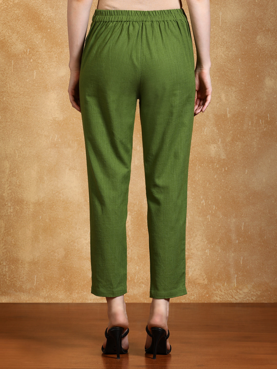 Olive Solid Cotton Slub Straight Pants