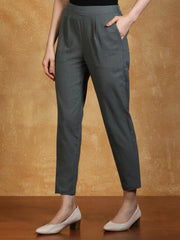 Grey Solid Cotton Slub Straight Pants
