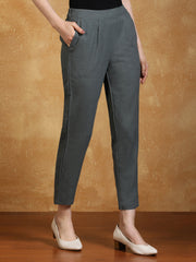 Grey Solid Cotton Slub Straight Pants