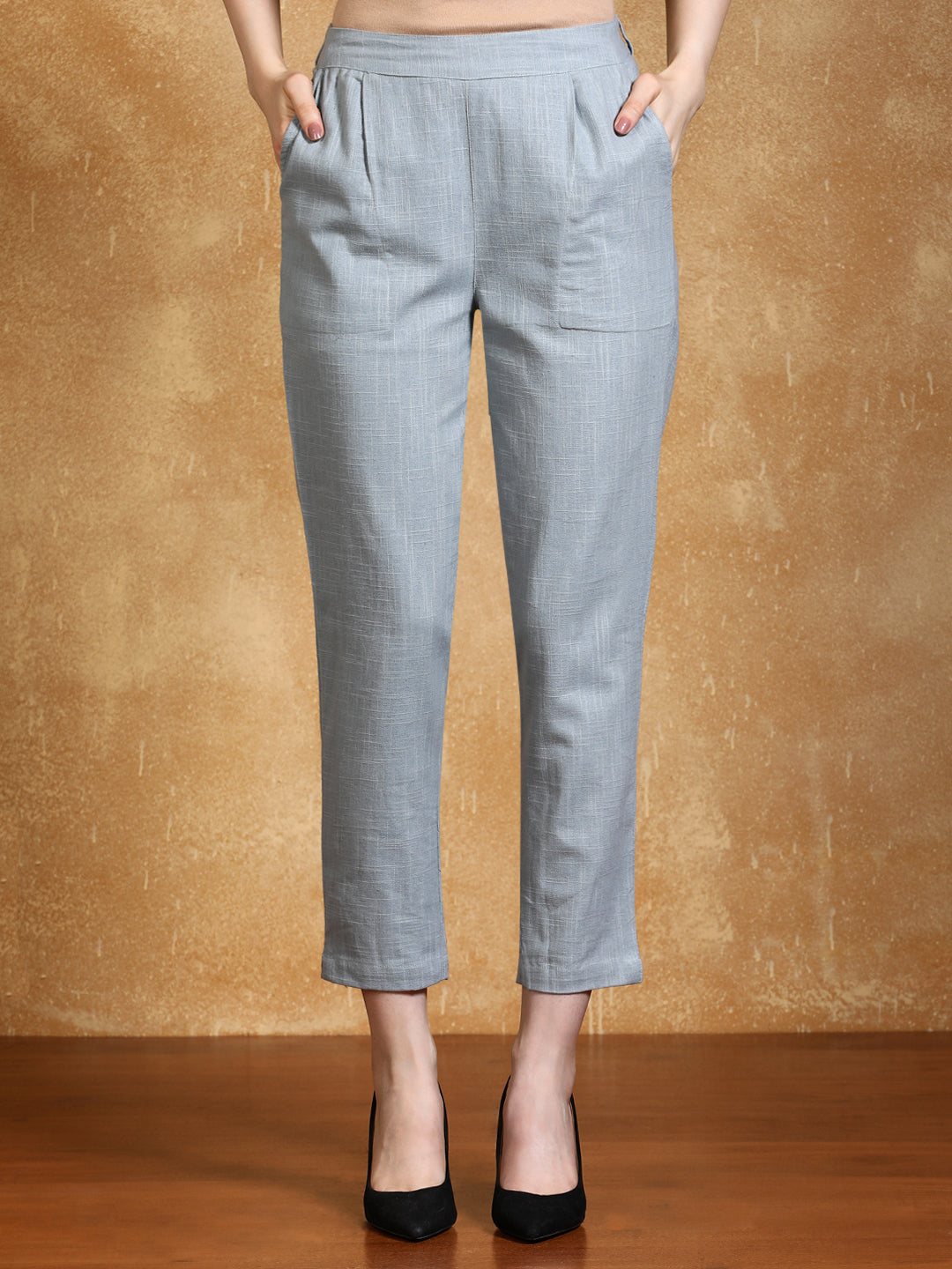Light Grey Solid Cotton Slub Straight Pants