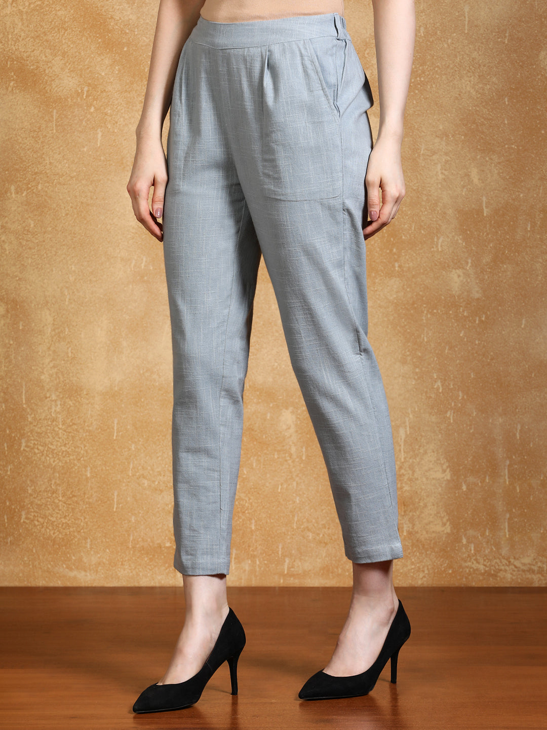 Light Grey Solid Cotton Slub Straight Pants