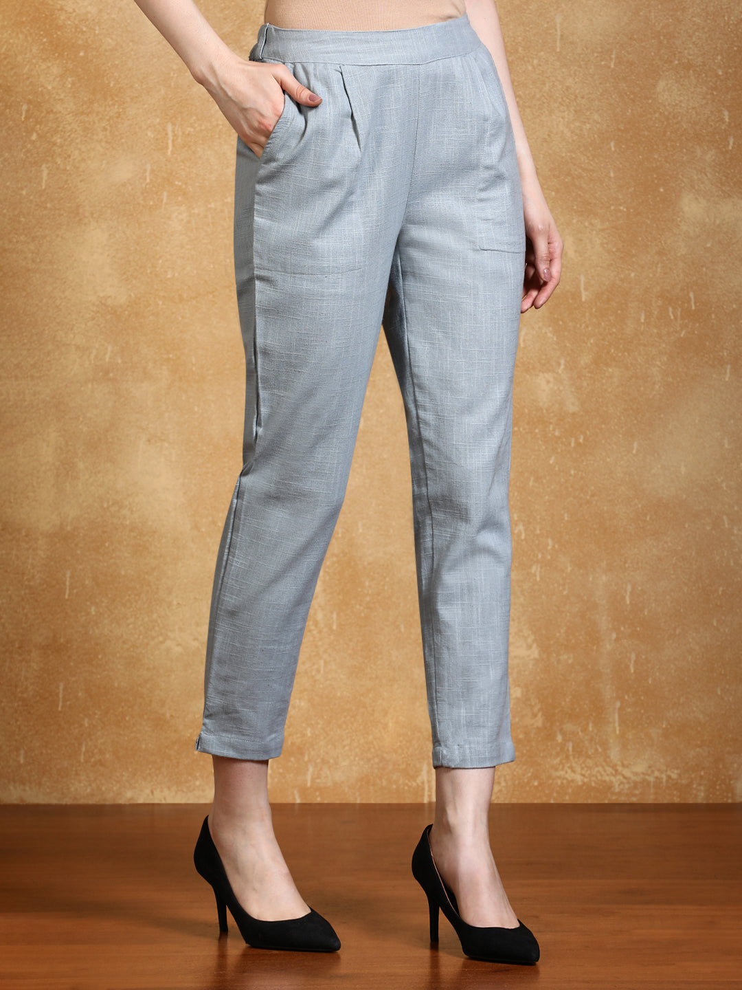 Light Grey Solid Cotton Slub Straight Pants