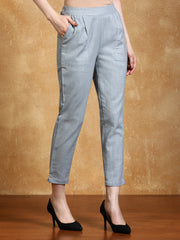 Light Grey Solid Cotton Slub Straight Pants
