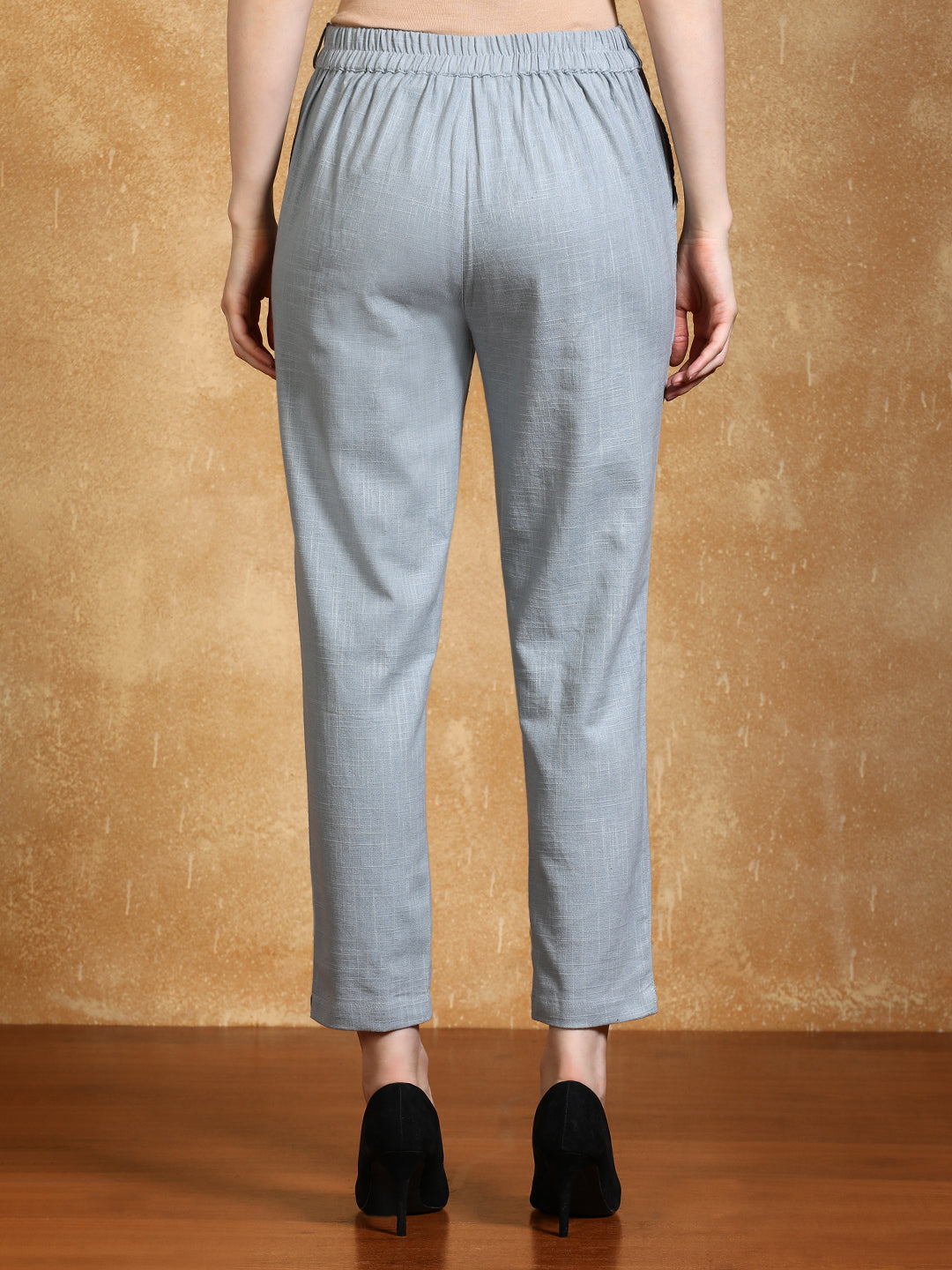 Light Grey Solid Cotton Slub Straight Pants