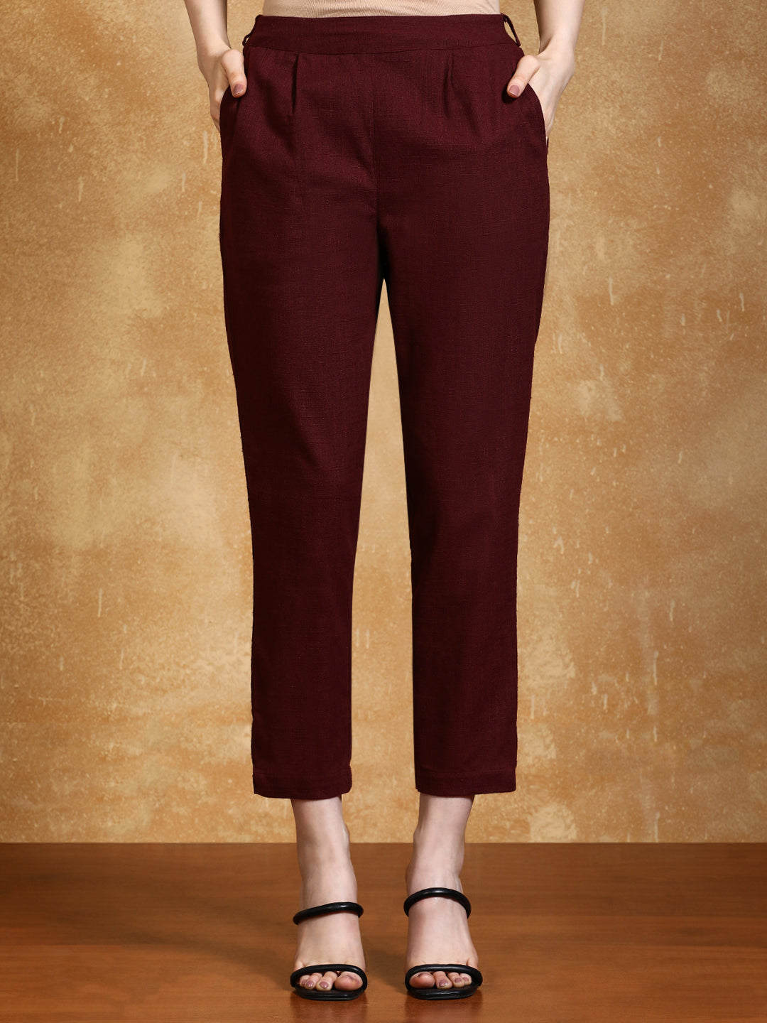 Burgundy Solid Cotton Slub Straight Pants