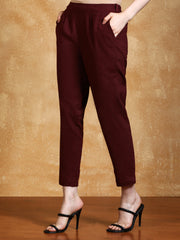 Burgundy Solid Cotton Slub Straight Pants