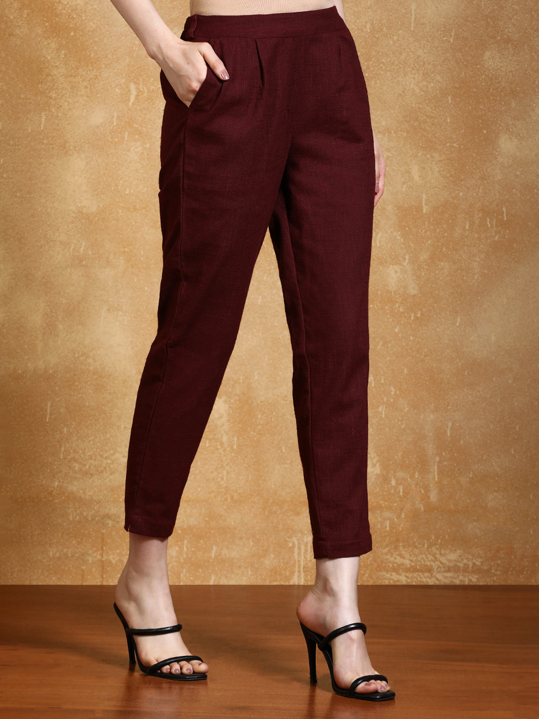 Burgundy Solid Cotton Slub Straight Pants