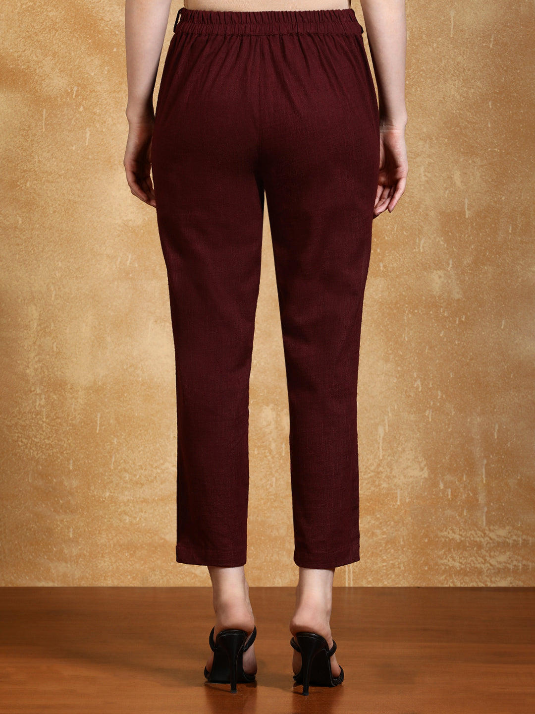 Burgundy Solid Cotton Slub Straight Pants