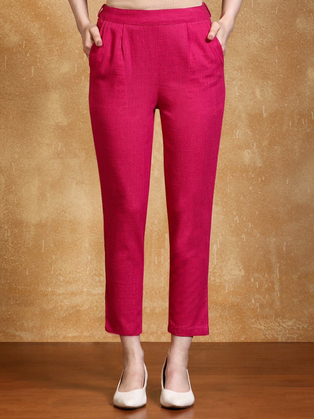 Magenta Solid Cotton Slub Straight Pants