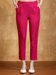 Magenta Solid Cotton Slub Straight Pants