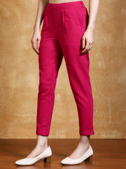 Magenta Solid Cotton Slub Straight Pants
