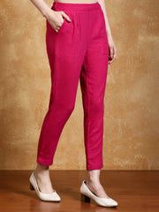 Magenta Solid Cotton Slub Straight Pants
