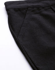 Black Solid Cotton Slub Pants