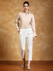 Off White Cotton Slub Bottom-Fold Straight Pants