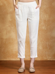 Off White Cotton Slub Bottom-Fold Straight Pants