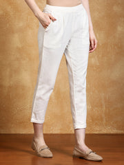 Off White Cotton Slub Bottom-Fold Straight Pants