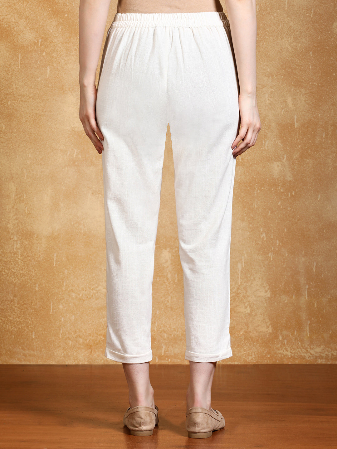 Off White Cotton Slub Bottom-Fold Straight Pants