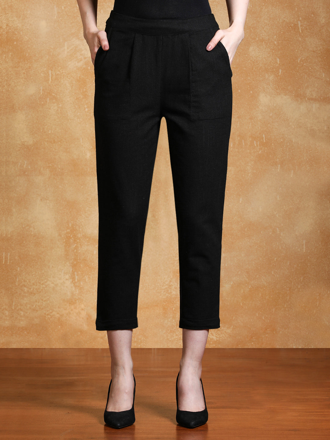 Black Cotton Slub Bottom-Fold Straight Pants