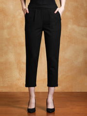 Black Cotton Slub Bottom-Fold Straight Pants