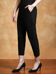 Black Cotton Slub Bottom-Fold Straight Pants