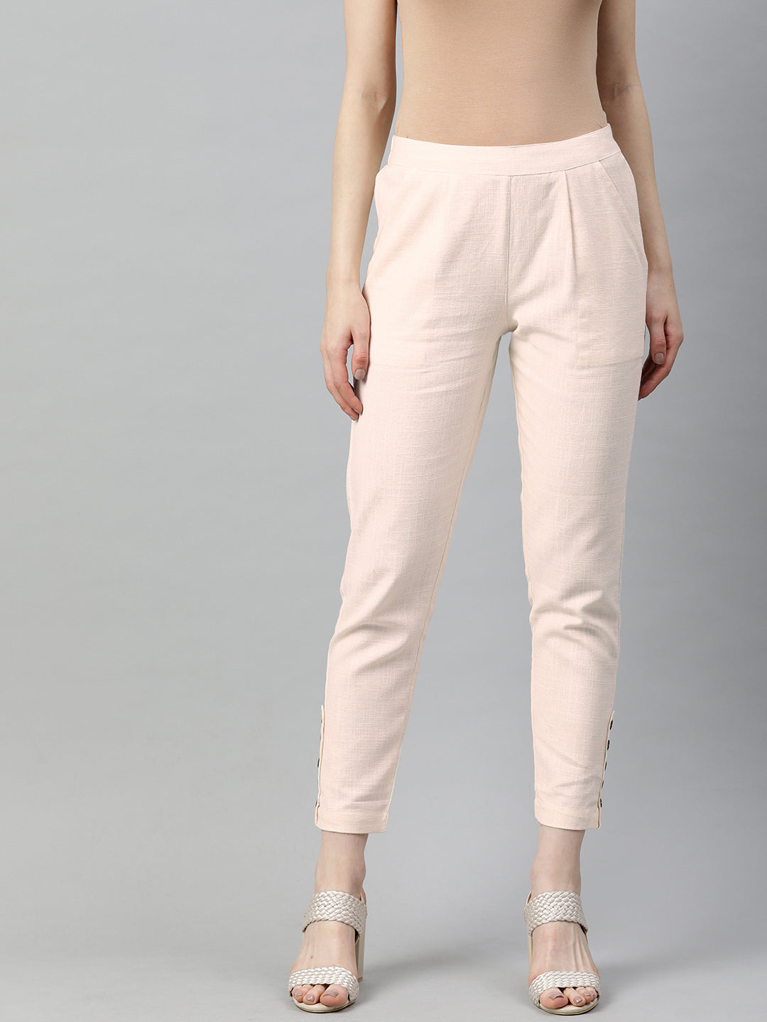 Off White Solid Cotton Slub Pants