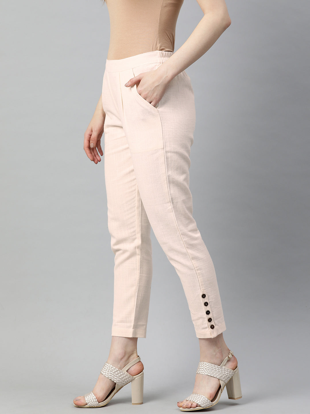 Off White Solid Cotton Slub Pants