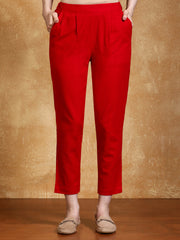 Red Solid Cotton Slub Straight Pants
