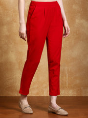 Red Solid Cotton Slub Straight Pants