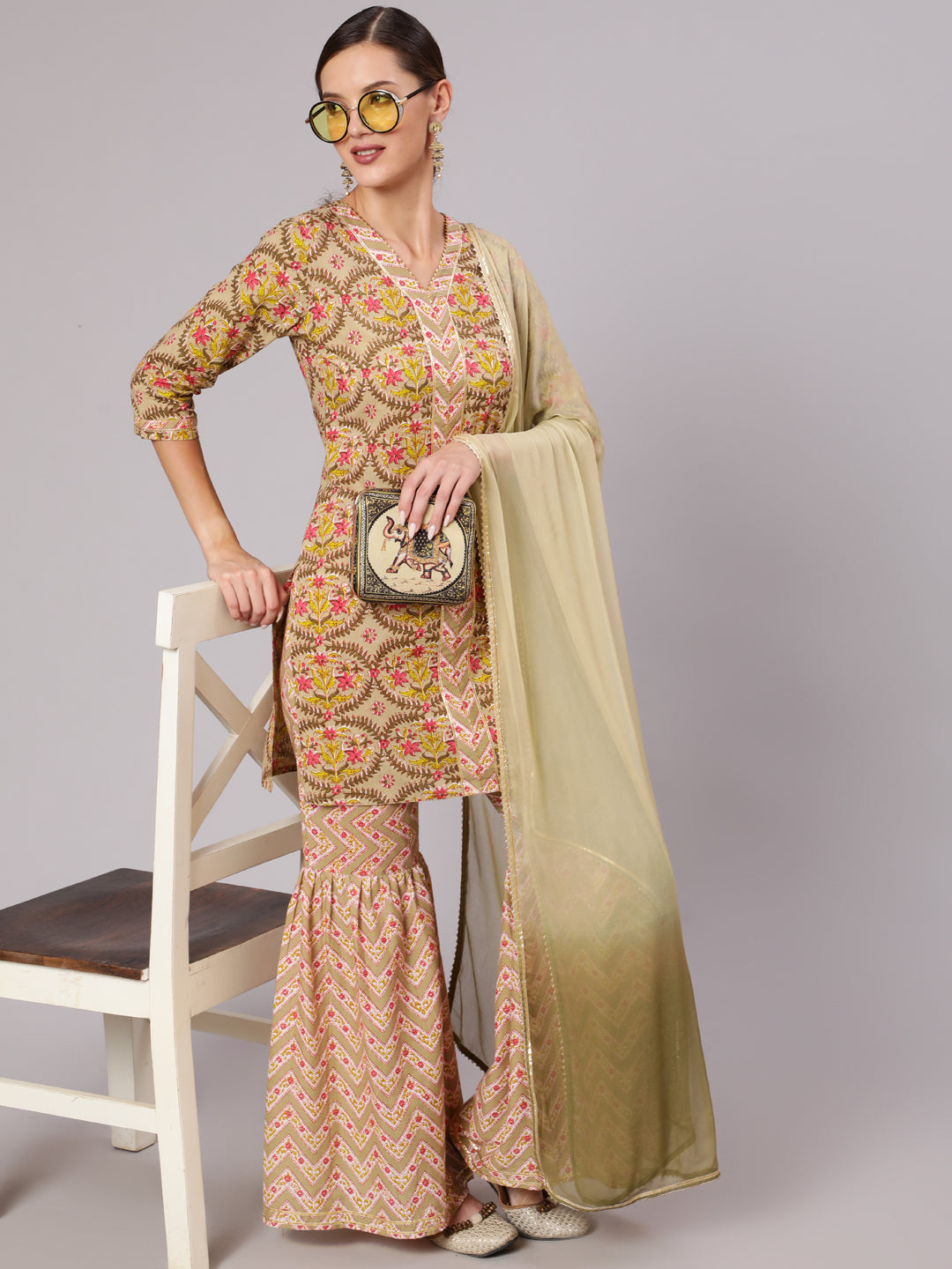 A Short Beige Printed Cotton Gota Embellished Kurta With Printed Sharara And Chiffon Dupatta