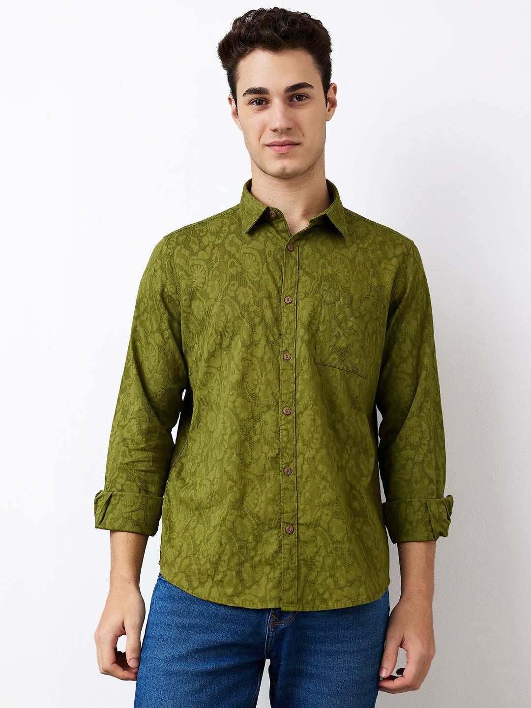 Spykar Mens Casual Shirt F/S Mshsos1Be040 Avocado Green