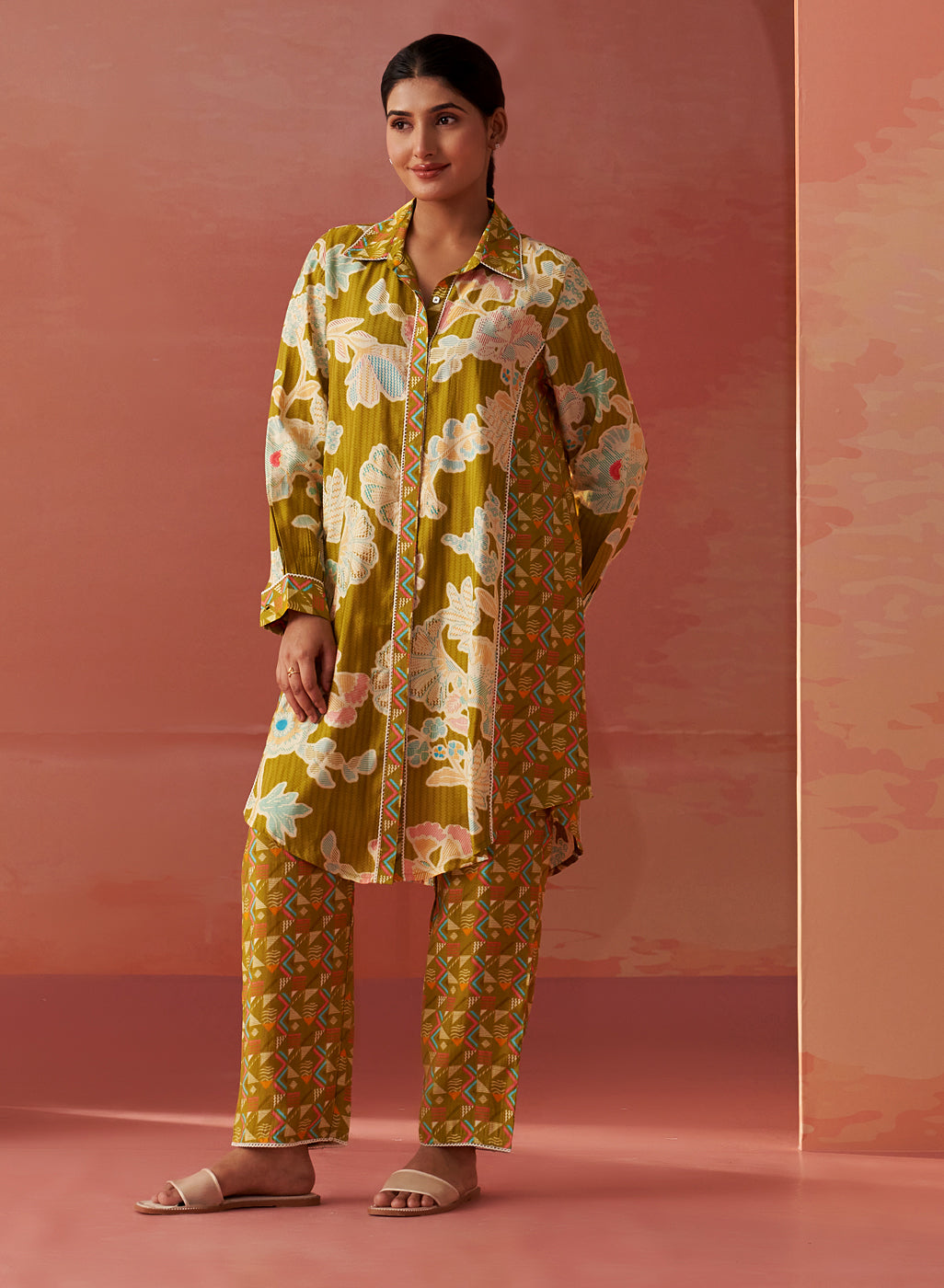 Seher Light Olive Printed Chanderi Co-Ord Set