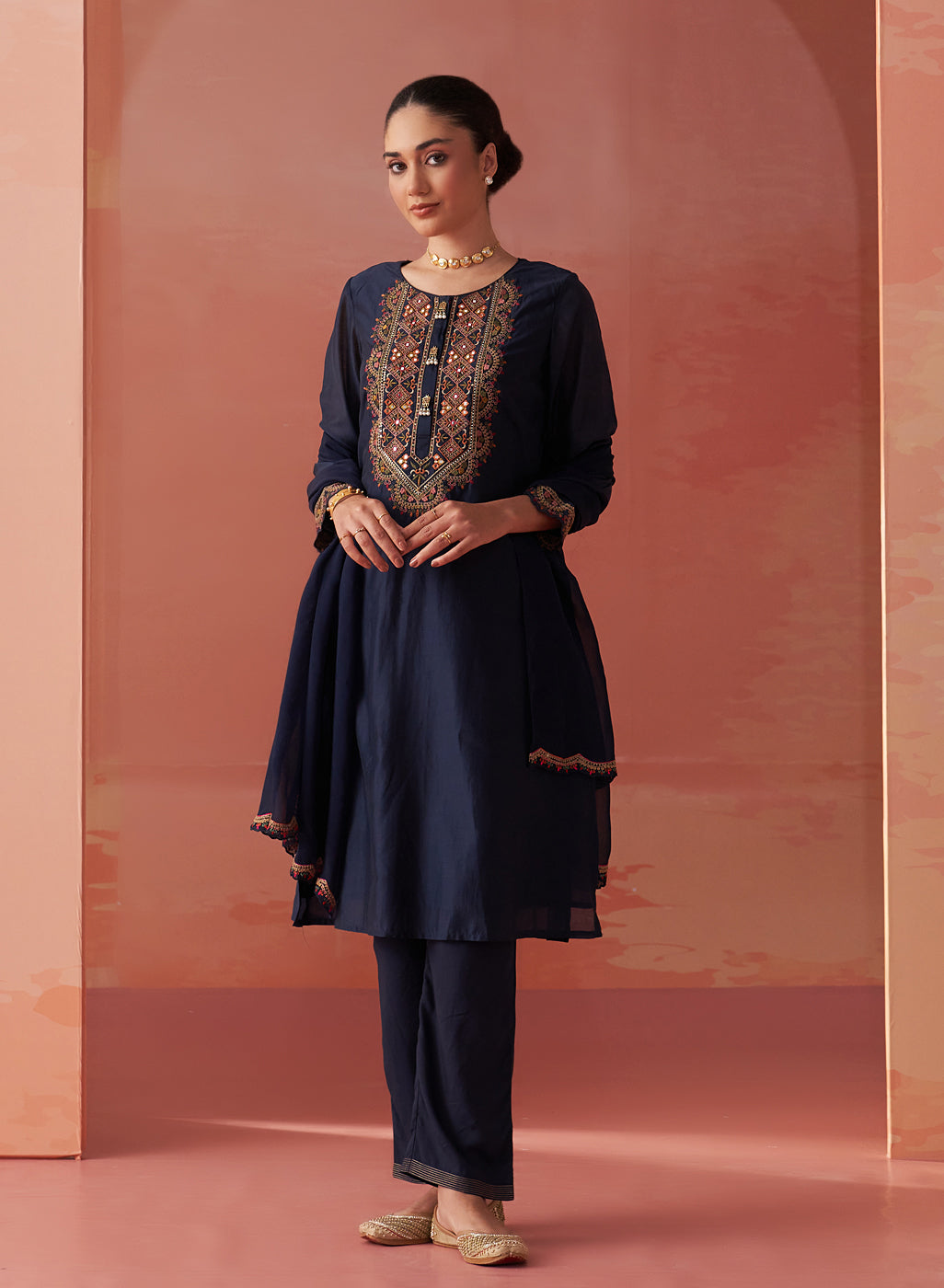 Shirin Navy Blue Chanderi Embroidered Kurta Set For Women