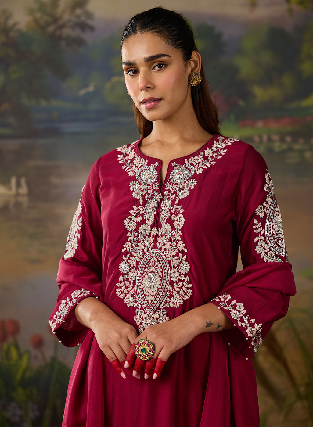 Husna Silk Embroidered Ladies Straight Suit Set With Dupatta