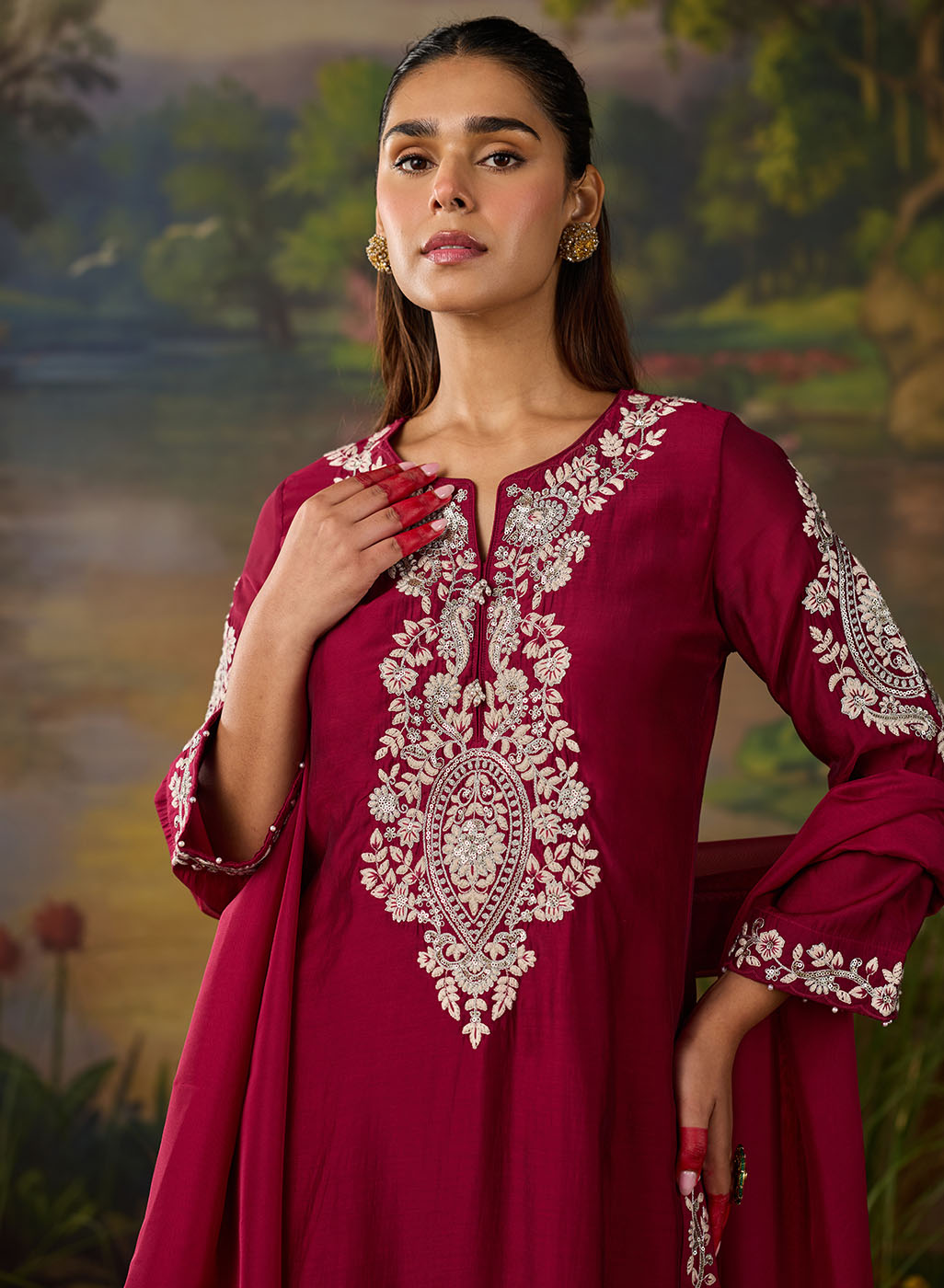 Husna Silk Embroidered Ladies Straight Suit Set With Dupatta