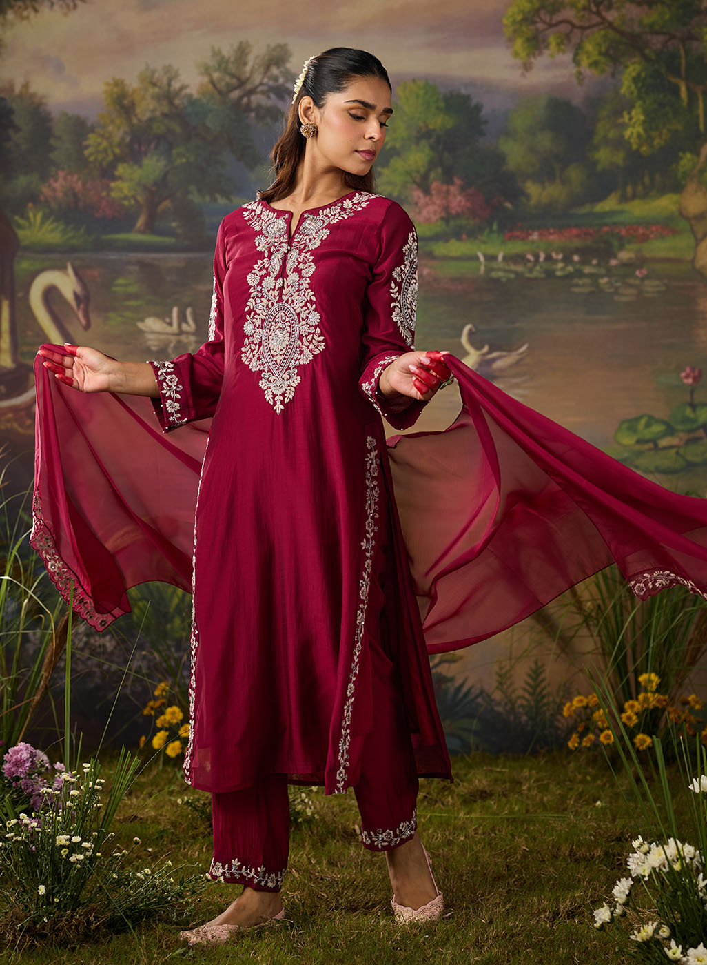 Husna Silk Embroidered Ladies Straight Suit Set With Dupatta