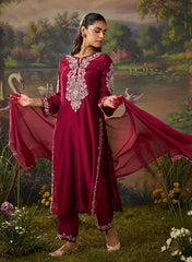 Husna Silk Embroidered Ladies Straight Suit Set With Dupatta