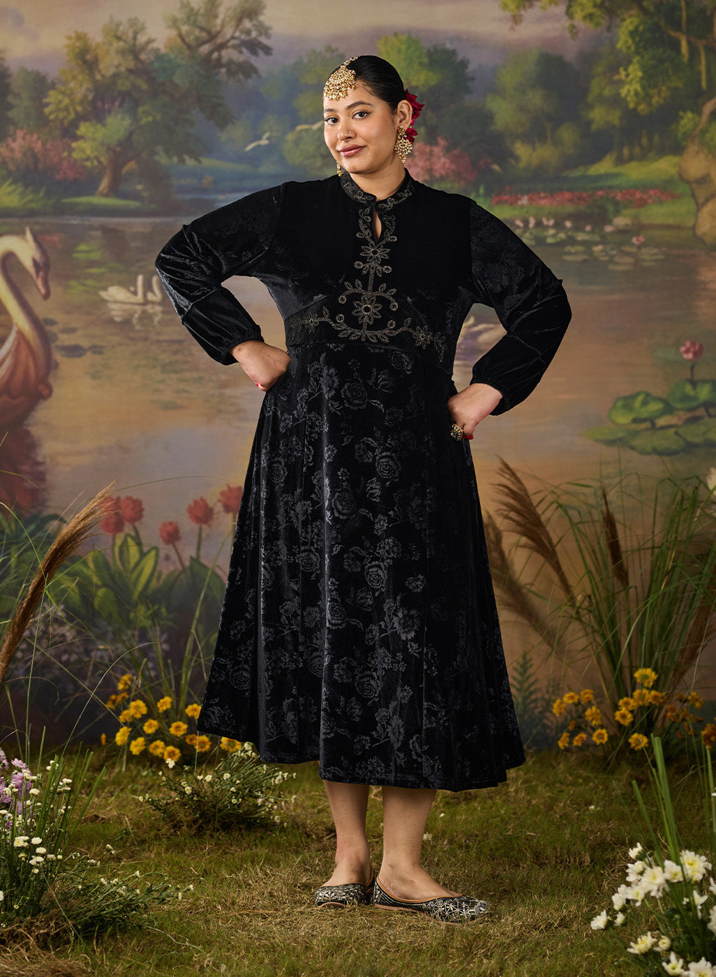 Eve Black Zari Embroidered Ladies Velvet Dress