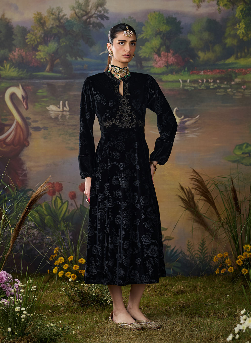 Eve Black Zari Embroidered Ladies Velvet Dress