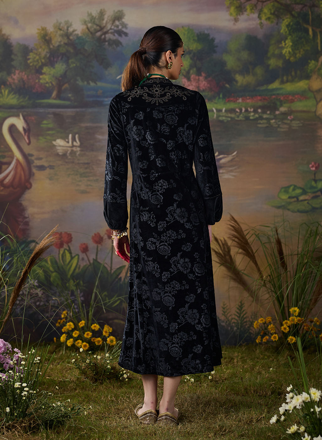 Eve Black Zari Embroidered Ladies Velvet Dress