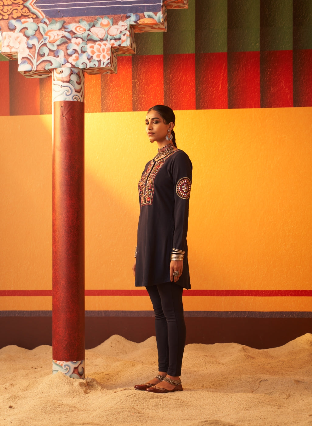 Navy Blue Embroidered Woollen Kurti For Women With Mirror Work