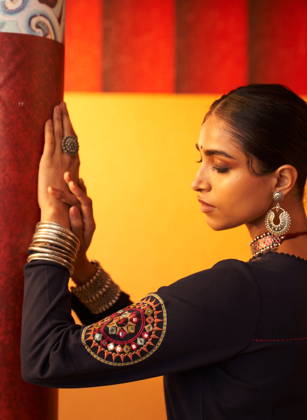 Navy Blue Embroidered Woollen Kurti For Women With Mirror Work