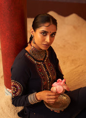 Navy Blue Embroidered Woollen Kurti For Women With Mirror Work