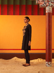 Navy Blue Pink Thread Work Woollen Kurti For Women With Brooch