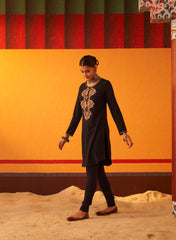 Navy Blue Pink Thread Work Woollen Kurti For Women With Brooch