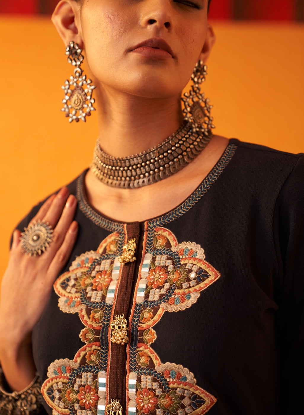 Navy Blue Pink Thread Work Woollen Kurti For Women With Brooch