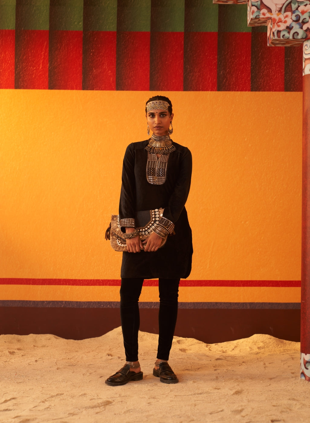 Black Woollen Kurta For Women With Leather Collar And Sequin Work