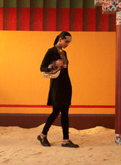 Black Woollen Kurta For Women With Leather Collar And Sequin Work