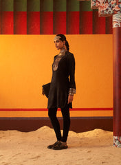 Black Woollen Kurta For Women With Leather Collar And Sequin Work