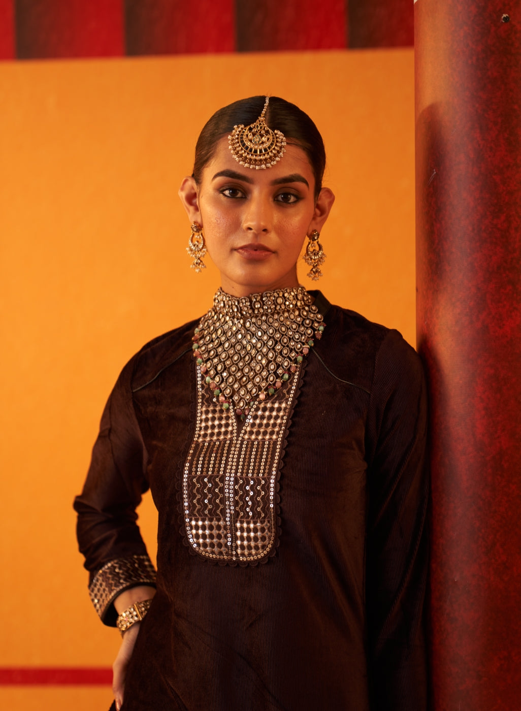 Purple Woollen Kurta For Women With Leather Collar And Sequin Work