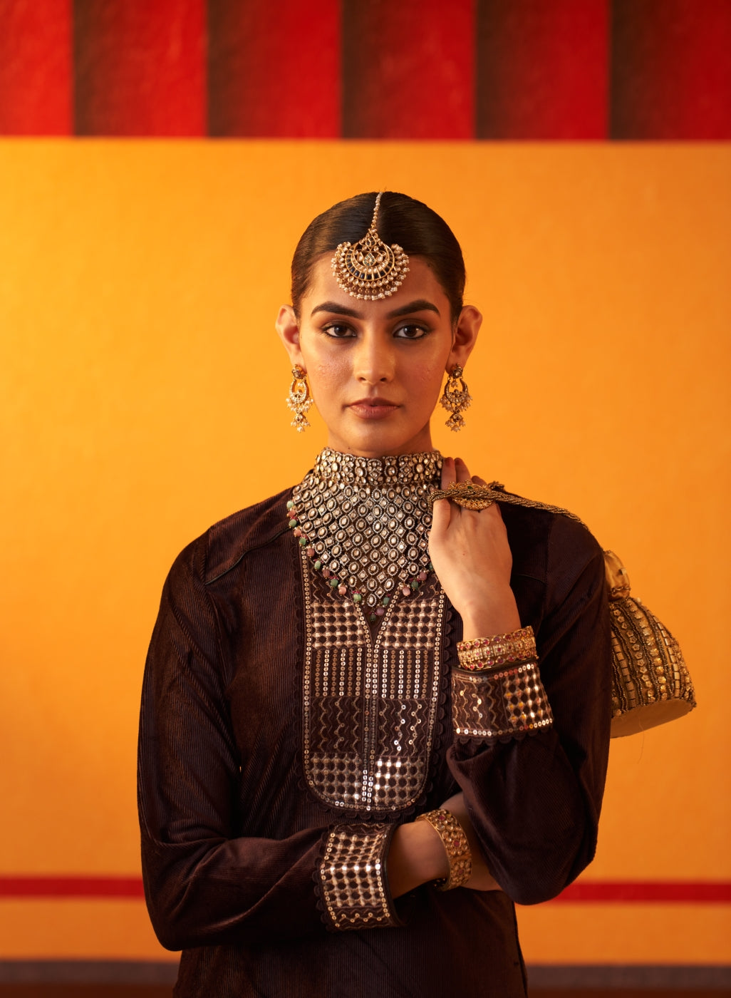 Purple Woollen Kurta For Women With Leather Collar And Sequin Work